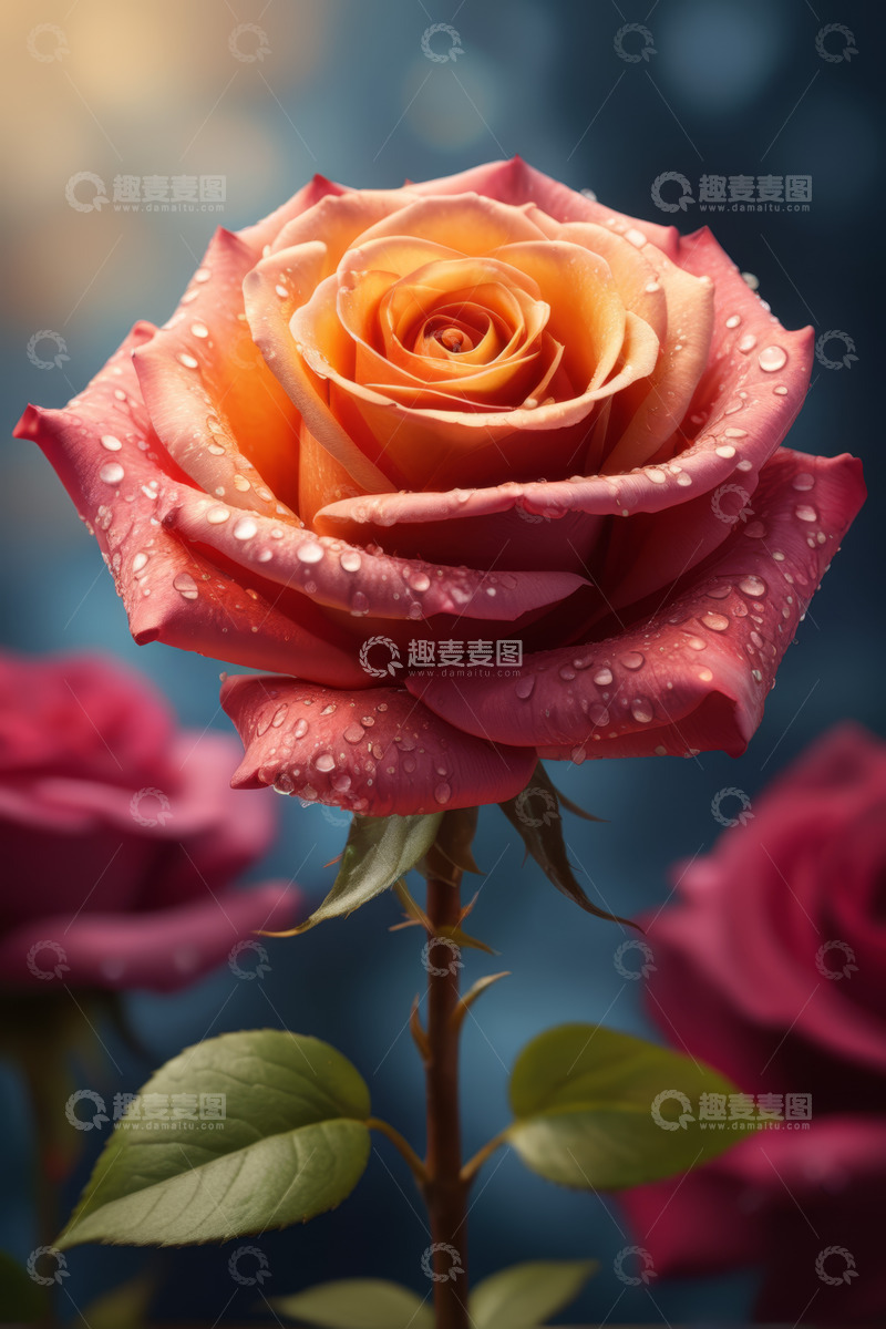 高清大图下载【趣麦麦图】带水珠的渐变色彩玫瑰花