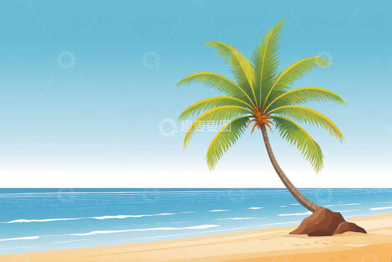 高清大图下载【趣麦麦图】海滩边倾斜的椰子树风景