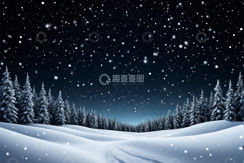 高清大图下载【趣麦麦图】冬夜雪景中的雪松林景观
