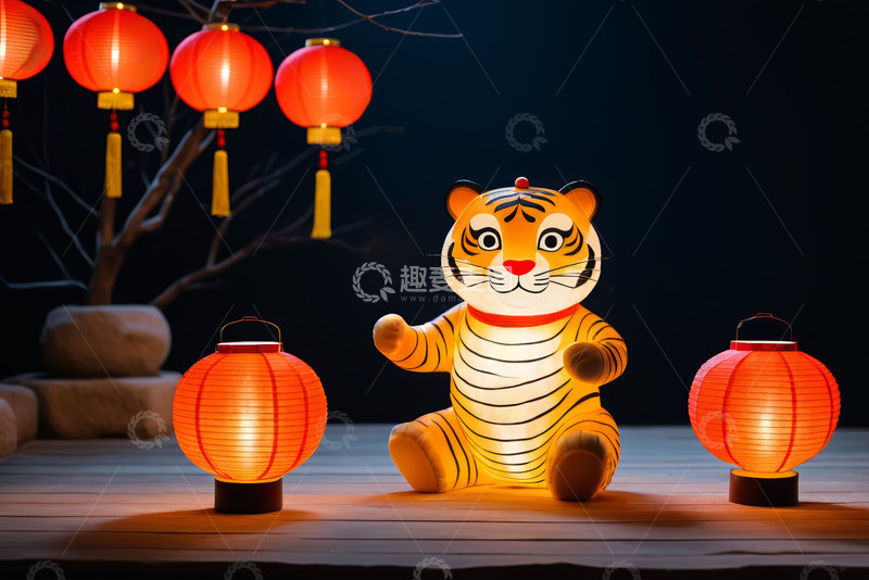 高清大图下载【趣麦麦图】老虎造型灯笼与中式红灯笼