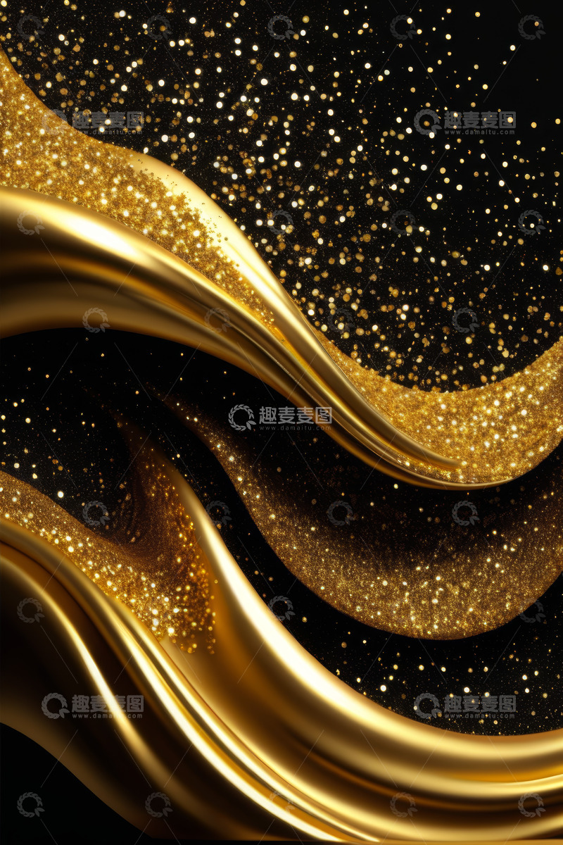 高清大图下载【趣麦麦图】黑色背景金色波浪粒子素材