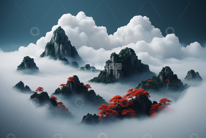 高清大图下载【趣麦麦图】云雾缭绕的山峰与红叶景观