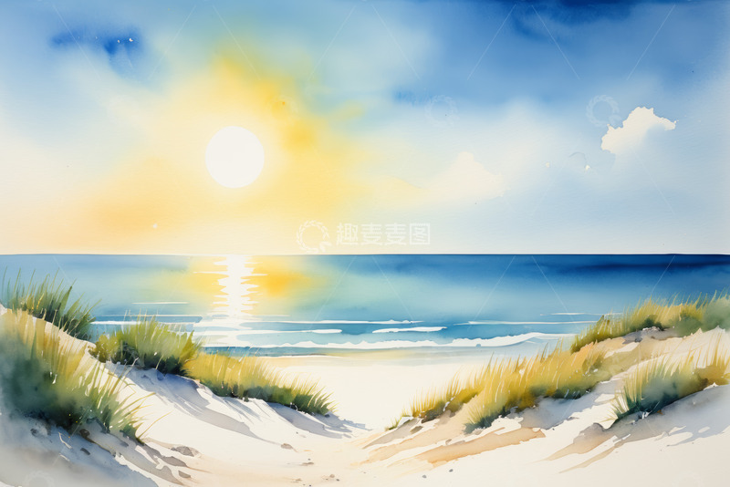 高清大图下载【趣麦麦图】海边沙滩水彩画自然风光