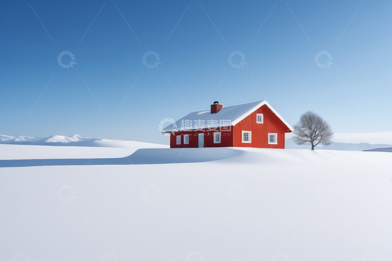 高清大图下载【趣麦麦图】雪地上的红色小屋