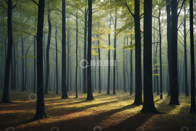 高清大图下载【趣麦麦图】阳光洒落的静谧森林景观
