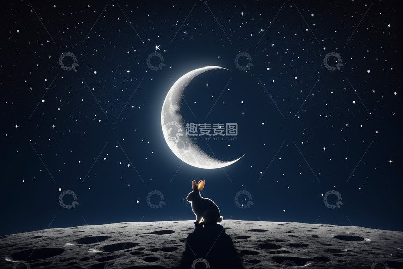 高清大图下载【趣麦麦图】月夜下月球表面的兔子剪影