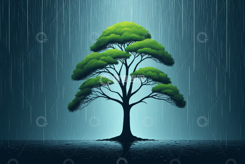 高清大图下载【趣麦麦图】雨中独立的绿色树木