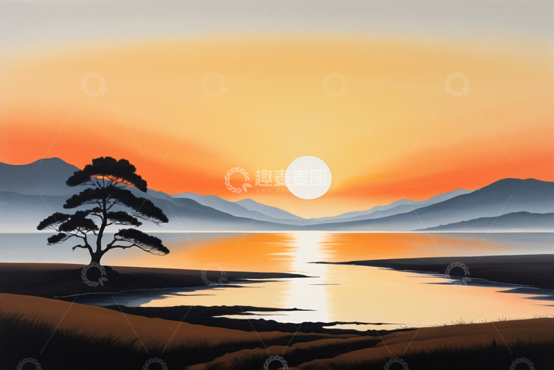 高清大图下载【趣麦麦图】湖畔落日景观