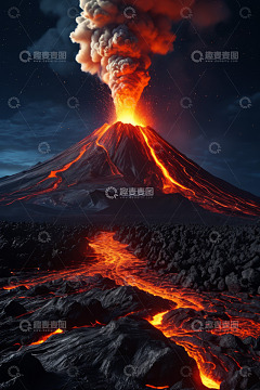夜晚火山喷发及熔岩流动景象