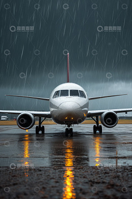 雨中机场的客机正面视角