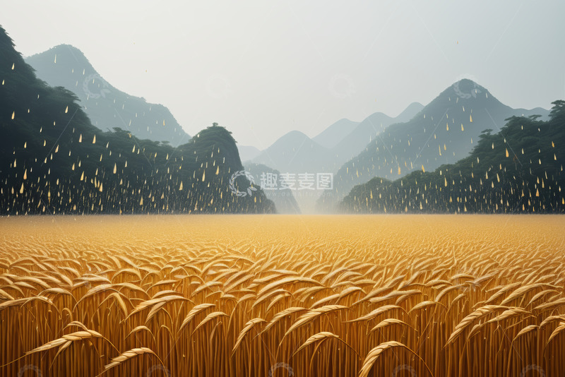 高清大图下载【趣麦麦图】金黄麦田与远山自然风光