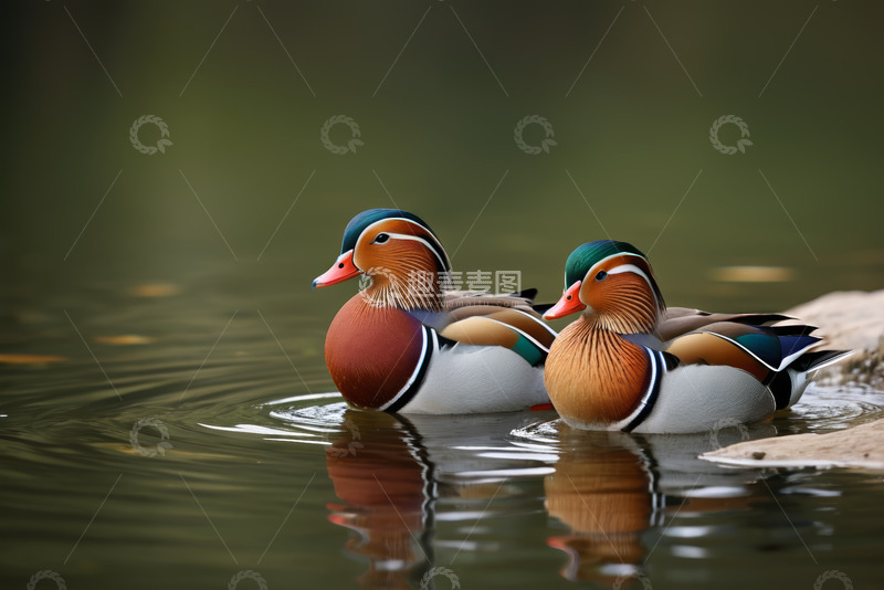 高清大图下载【趣麦麦图】水中嬉戏的两只鸳鸯