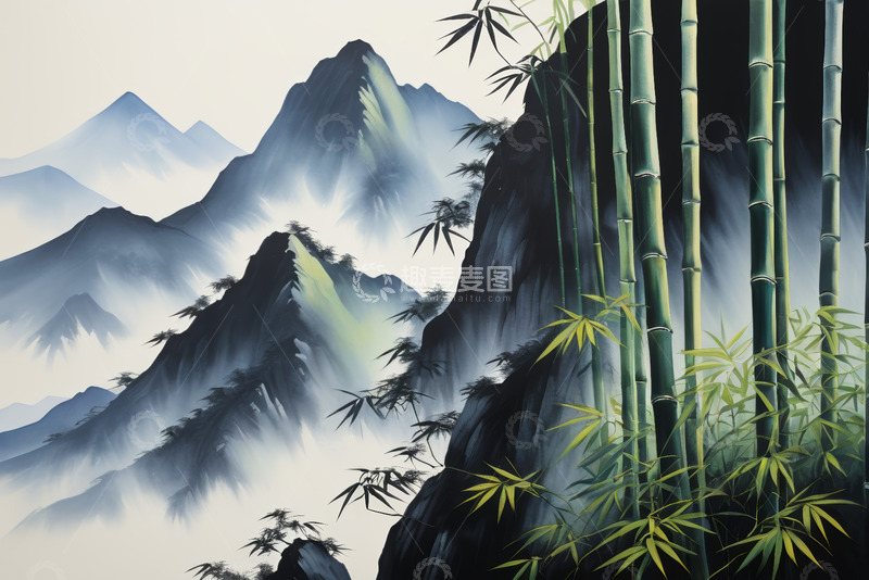 高清大图下载【趣麦麦图】中式山水竹林风景图