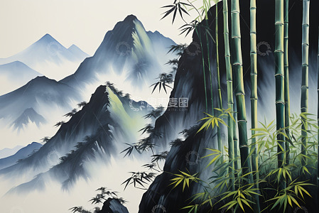 中式山水竹林风景图