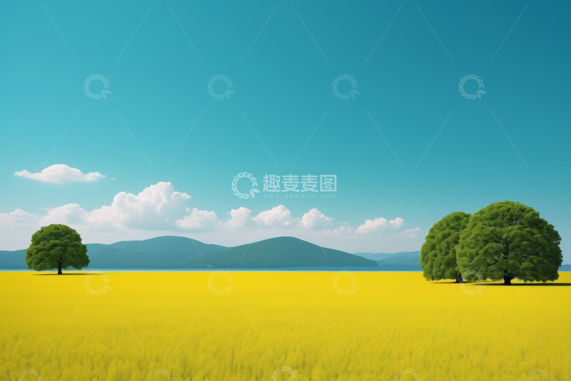 高清大图下载【趣麦麦图】黄色田野与绿树自然风光