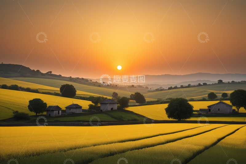 高清大图下载【趣麦麦图】田野夕阳下的村庄景象