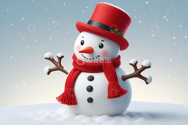高清大图下载【趣麦麦图】戴红帽围巾的可爱雪人