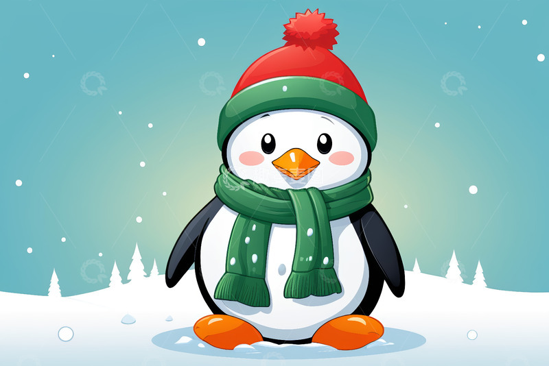高清大图下载【趣麦麦图】戴帽围巾企鹅雪地形象