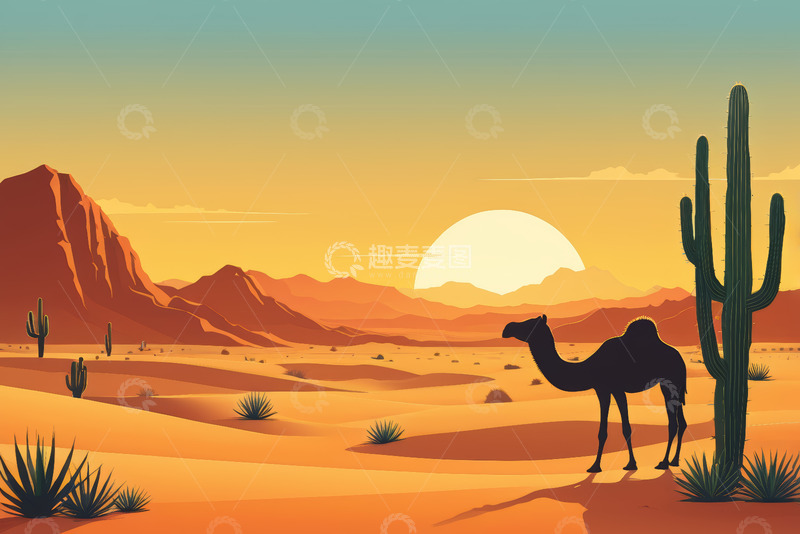 高清大图下载【趣麦麦图】沙漠夕阳下的骆驼与仙人掌