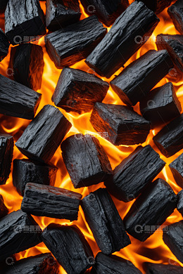 燃烧中的木炭特写
