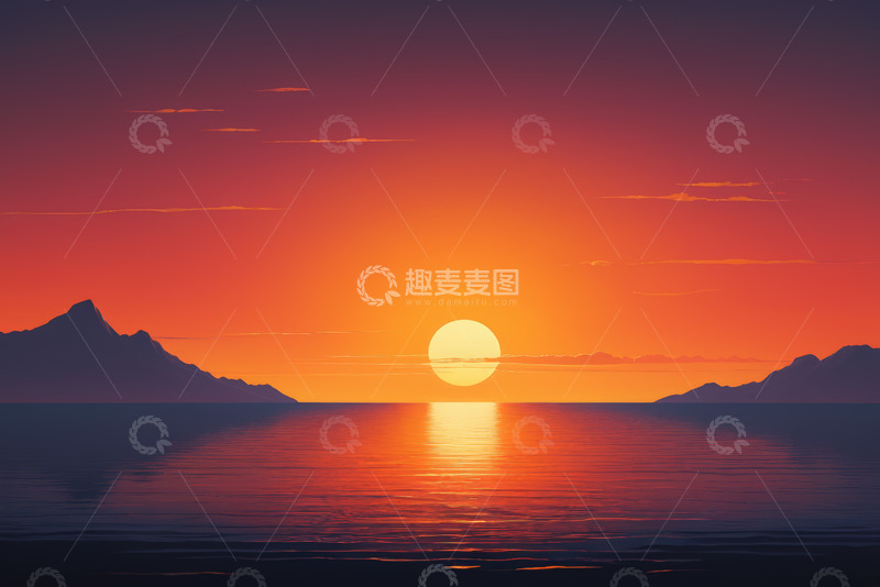 高清大图下载【趣麦麦图】海上日落与远山景观