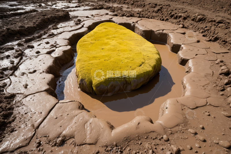高清大图下载【趣麦麦图】泥地中覆有黄色物质的石块