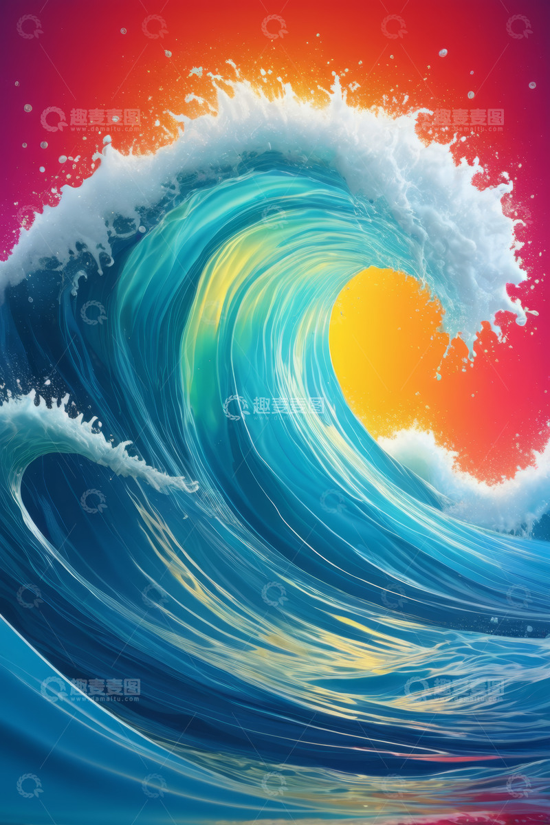 高清大图下载【趣麦麦图】彩色背景下的海洋巨浪