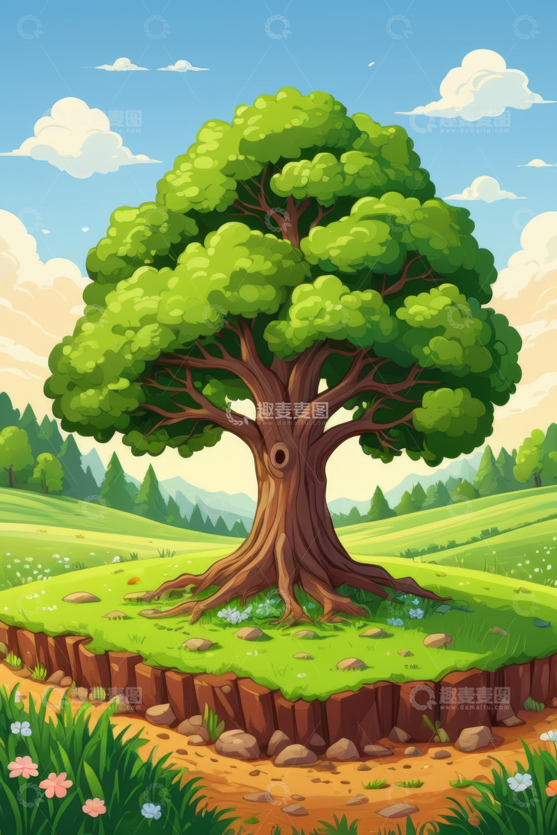高清大图下载【趣麦麦图】原野上的大树插画