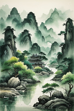 中式山水风景与古典建筑