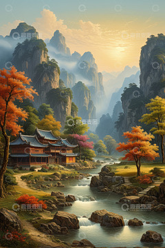 古风山水间中式建筑风景
