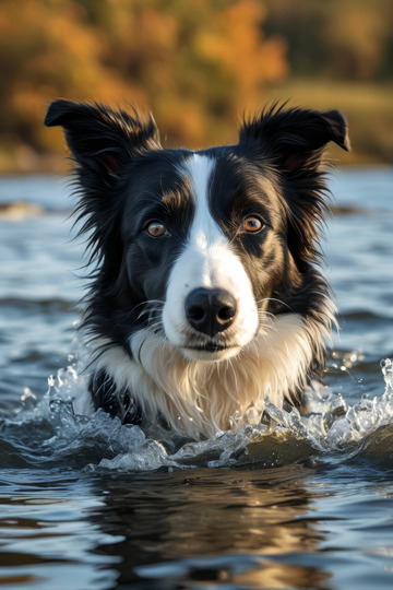 水边游泳的黑白边牧犬
