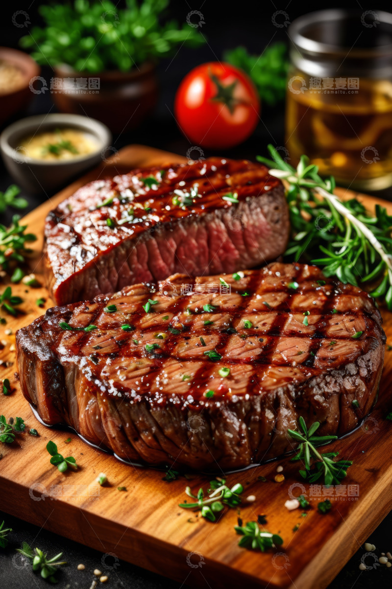 高清大图下载【趣麦麦图】木板上摆放的美味牛排