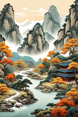 中式山水风景古建筑画面