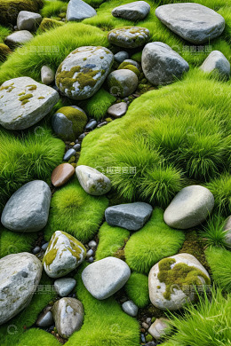 长苔藓的石头与绿色植被景观