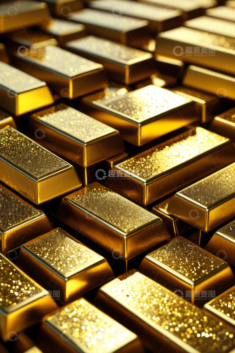 高清大图下载【趣麦麦图】堆叠摆放的金条特写