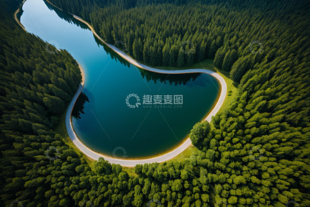 森林湖泊间的蜿蜒公路航拍