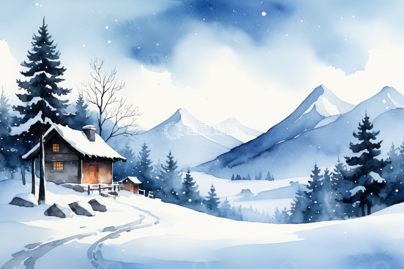 高清大图下载【趣麦麦图】雪中山间小屋冬日风景