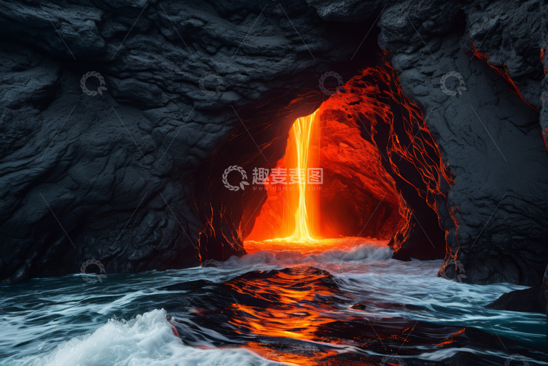 高清大图下载【趣麦麦图】火山熔岩从洞穴流入海水场景