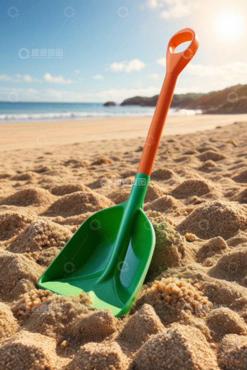 高清大图下载【趣麦麦图】沙滩上的彩色玩具铲子