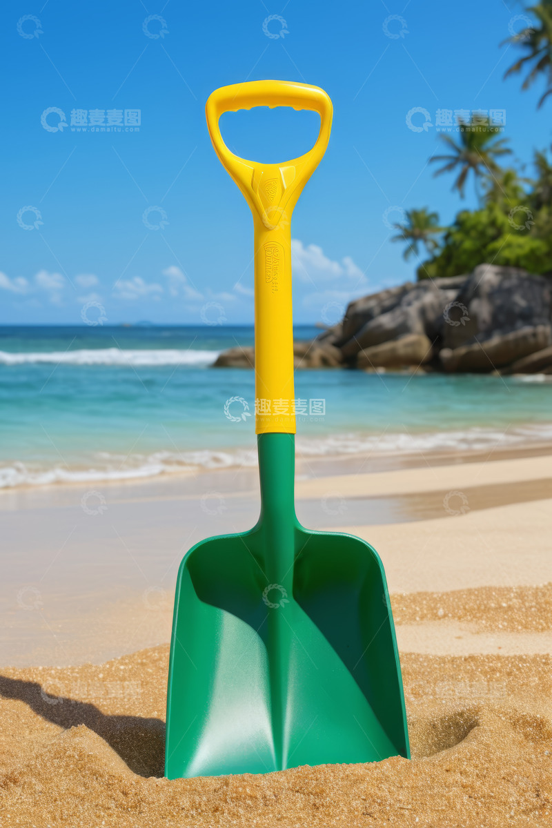 高清大图下载【趣麦麦图】海滩上的绿色黄色玩具铲子