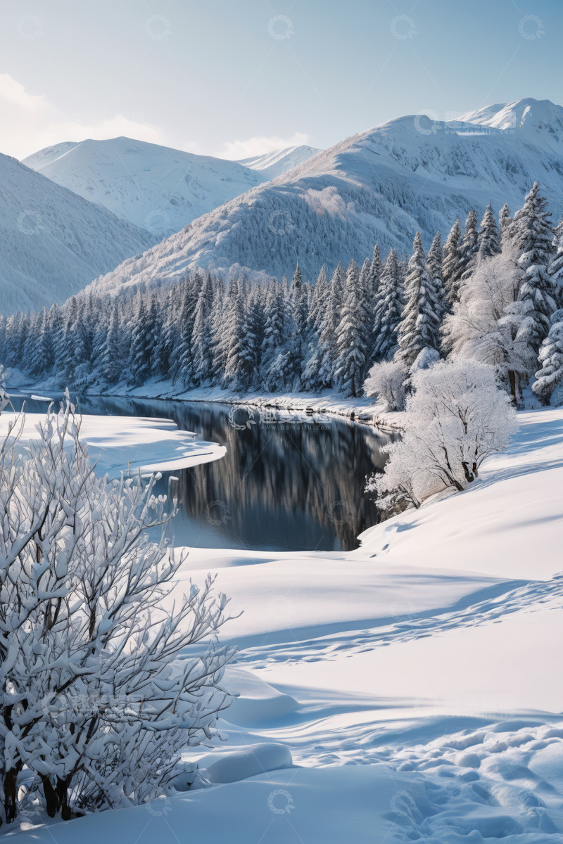 高清大图下载【趣麦麦图】冬日雪山下的森林与河流景观