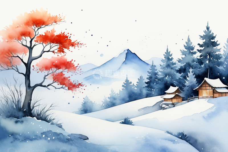高清大图下载【趣麦麦图】冬日雪景山林小屋风景