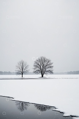 冬日雪地双树倒影景观