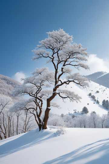 雪覆树木的冬日山野风光