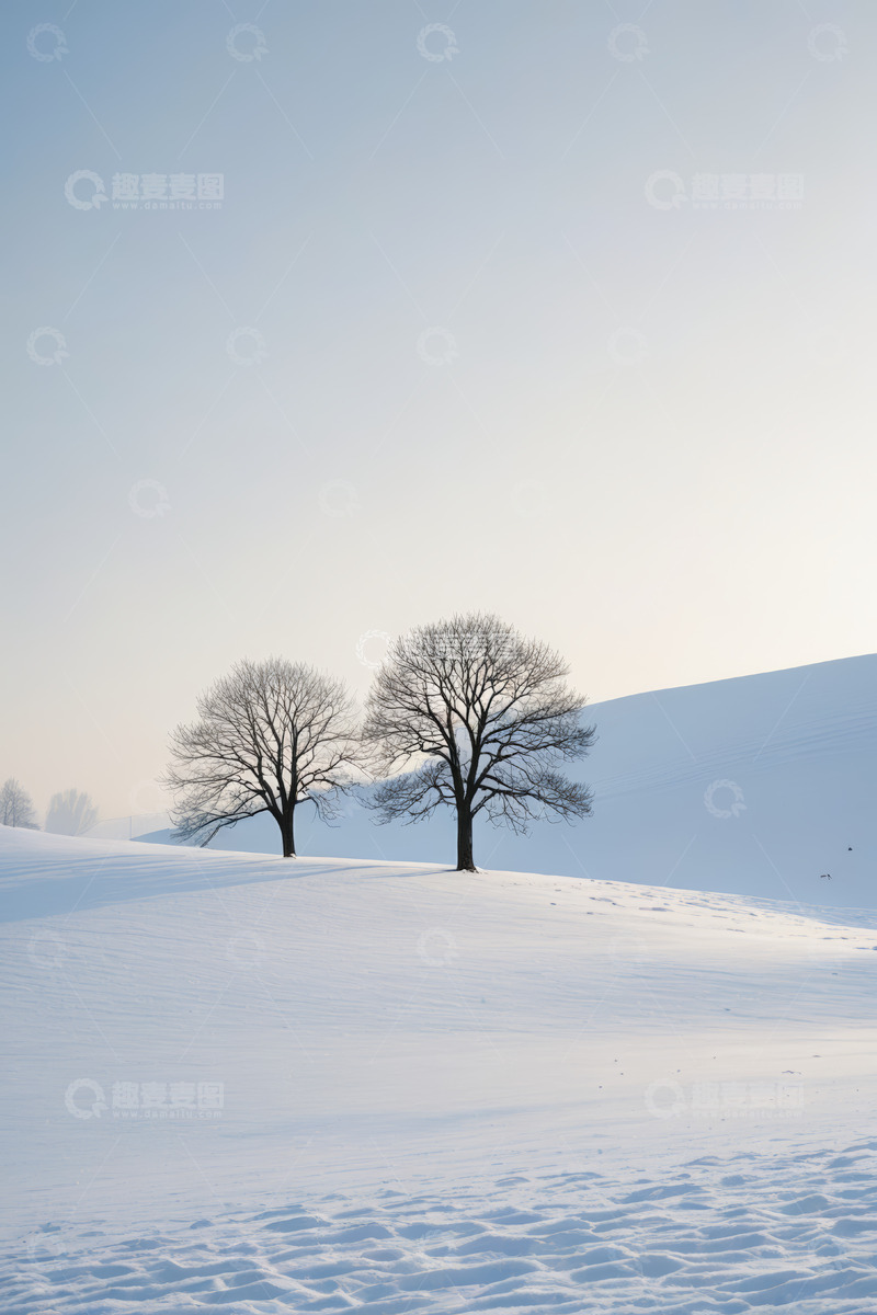 高清大图下载【趣麦麦图】雪地中两棵光秃树木景象