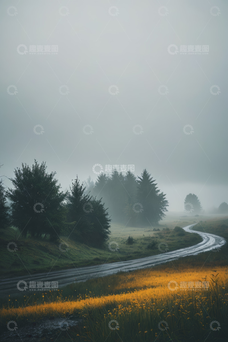 高清大图下载【趣麦麦图】雾中森林蜿蜒道路风景