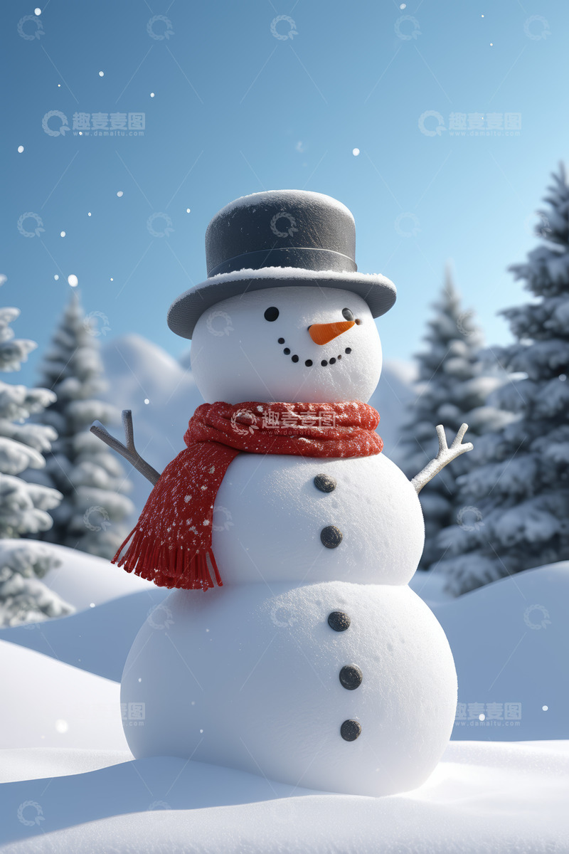 高清大图下载【趣麦麦图】戴帽围巾雪人雪景