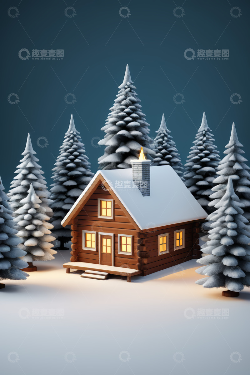 高清大图下载【趣麦麦图】雪中小木屋与松林景观