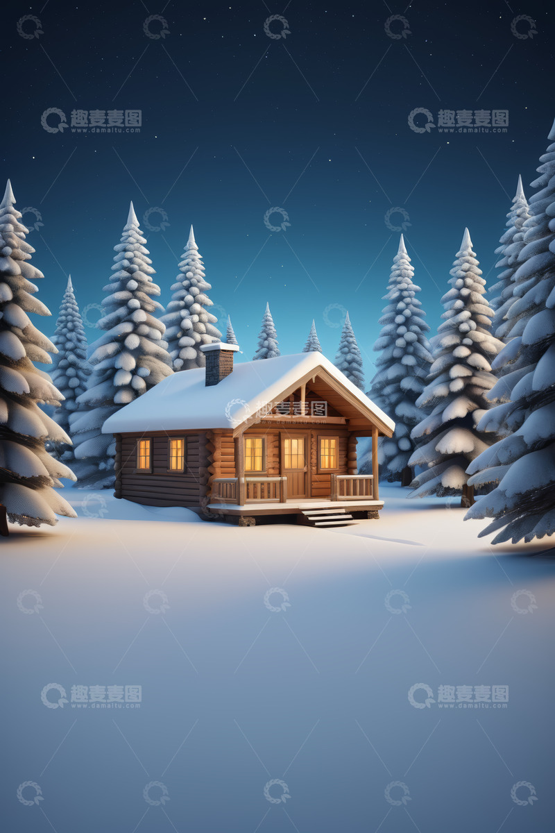 高清大图下载【趣麦麦图】雪夜中的林间木屋
