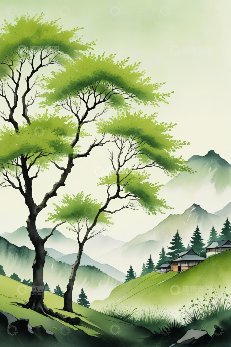 高清大图下载【趣麦麦图】山林间的绿树与传统民居